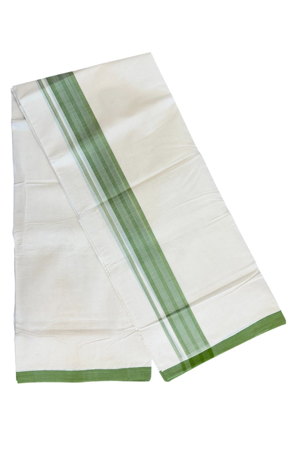 8% Discount!! KaithariKada HANDLOOM millpaav Balaramapuram - 100% PURE Cotton OFF White Double - (Unbleached) Mundu/Dothi - 2.75  inch Light Green Striped Mulloth Kara 4.5 Meters (10 Muzham) - 53KK5029RAV