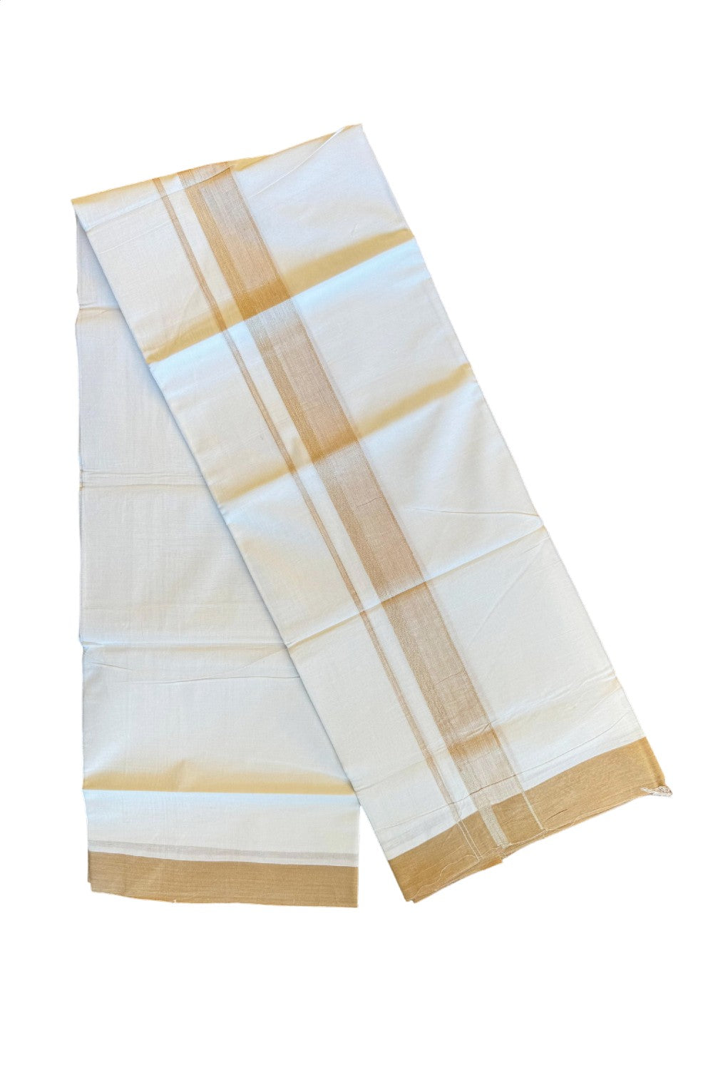 19% DISCOUNT!!! KaithariKada Balaramapuram 100% Cotton Double PURE white Mundu/Dhoti-100x100   2.5 Inch Sand brown & white shades kara  - 53KK83VIN