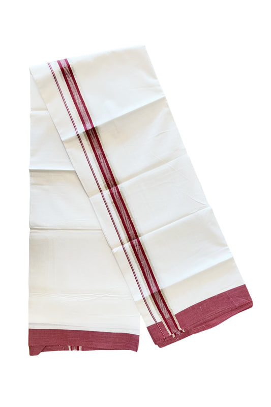 24% DISCOUNT!! Kaitharikada Balaramapuram 100% Cotton Ultra WHITE Double Mundu./Dothi-100x80   1.75 Inch MAROON + SILVER Striped Cotton Kara - 53KK45VAS.