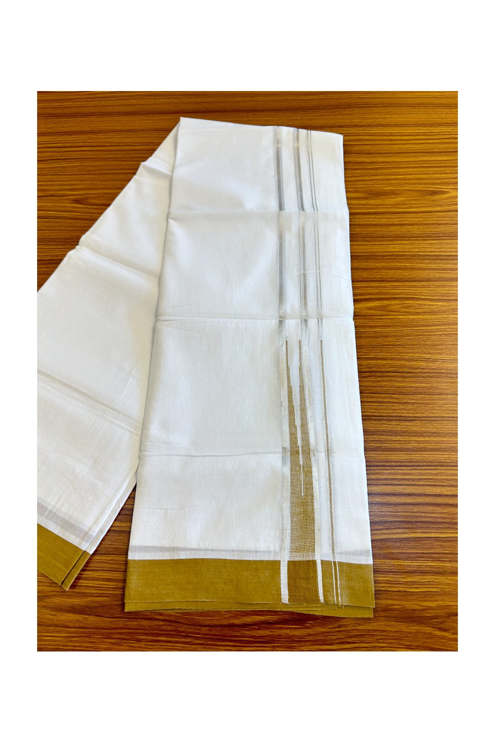 21% DISCOUNT!! Kaitharikada Balaramapuram 100% Cotton PURE WHITE Double Mundu/Dothi-100x100 Puliyilakkara CHUTTY 1.75 Inch Yellow Brown & SILVER STRIPED Cotton Kara - 52KK424CEE