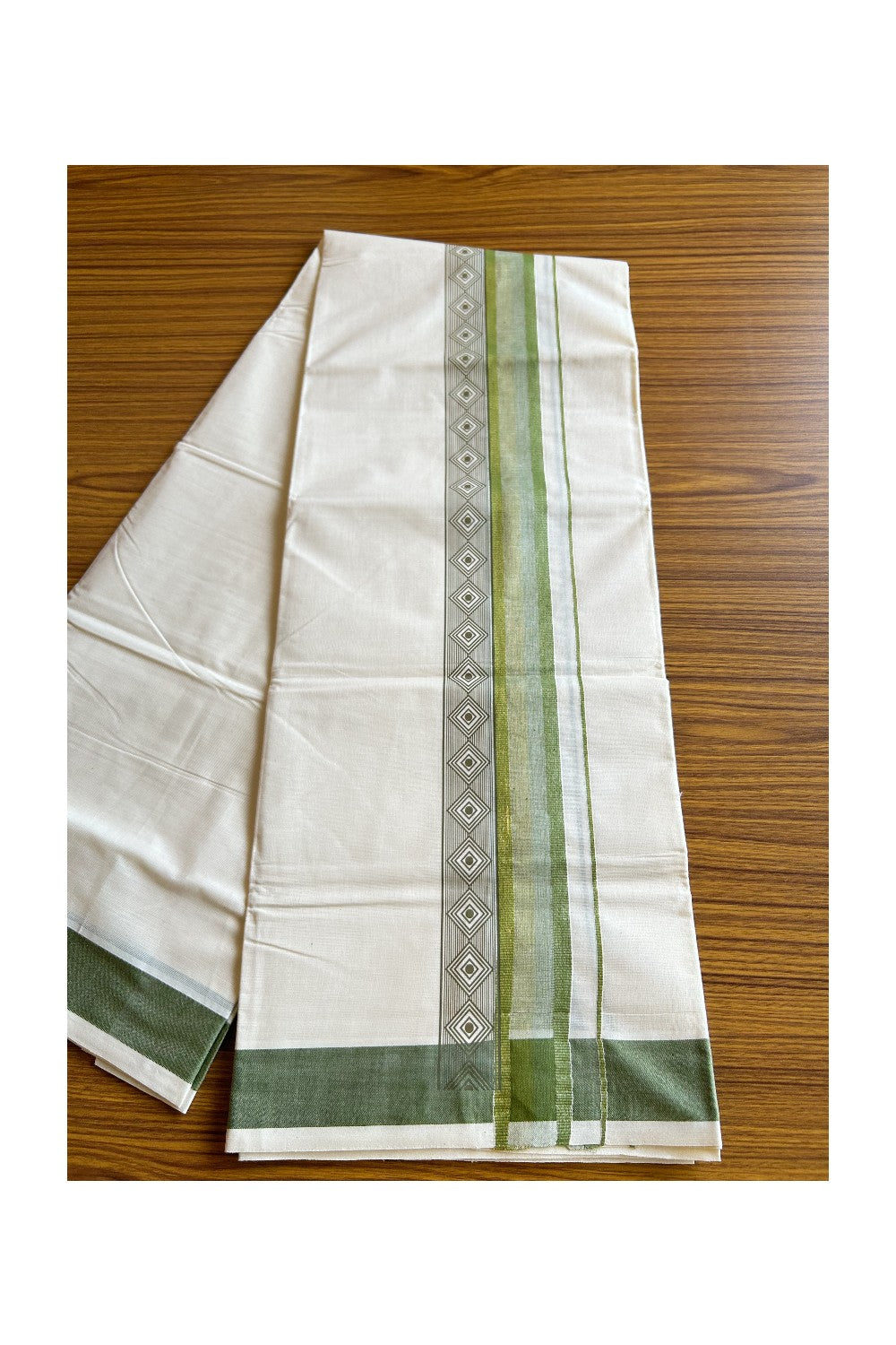 32% Discount !! KaithariKada Balaramapuram 100% Cotton Off white (Unbleached) Double Mundu/Dhoti - 80x72 - 3.25 Inch Light green silver & kasavu shaded pattern printed kara - 53KK470VIN