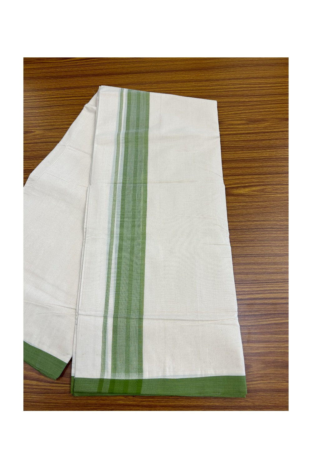 8% Discount!! KaithariKada HANDLOOM millpaav Balaramapuram - 100% PURE Cotton OFF White Double - (Unbleached) Mundu/Dothi - 2.75  inch Light Green Striped Mulloth Kara 4.5 Meters (10 Muzham) - 53KK5029RAV