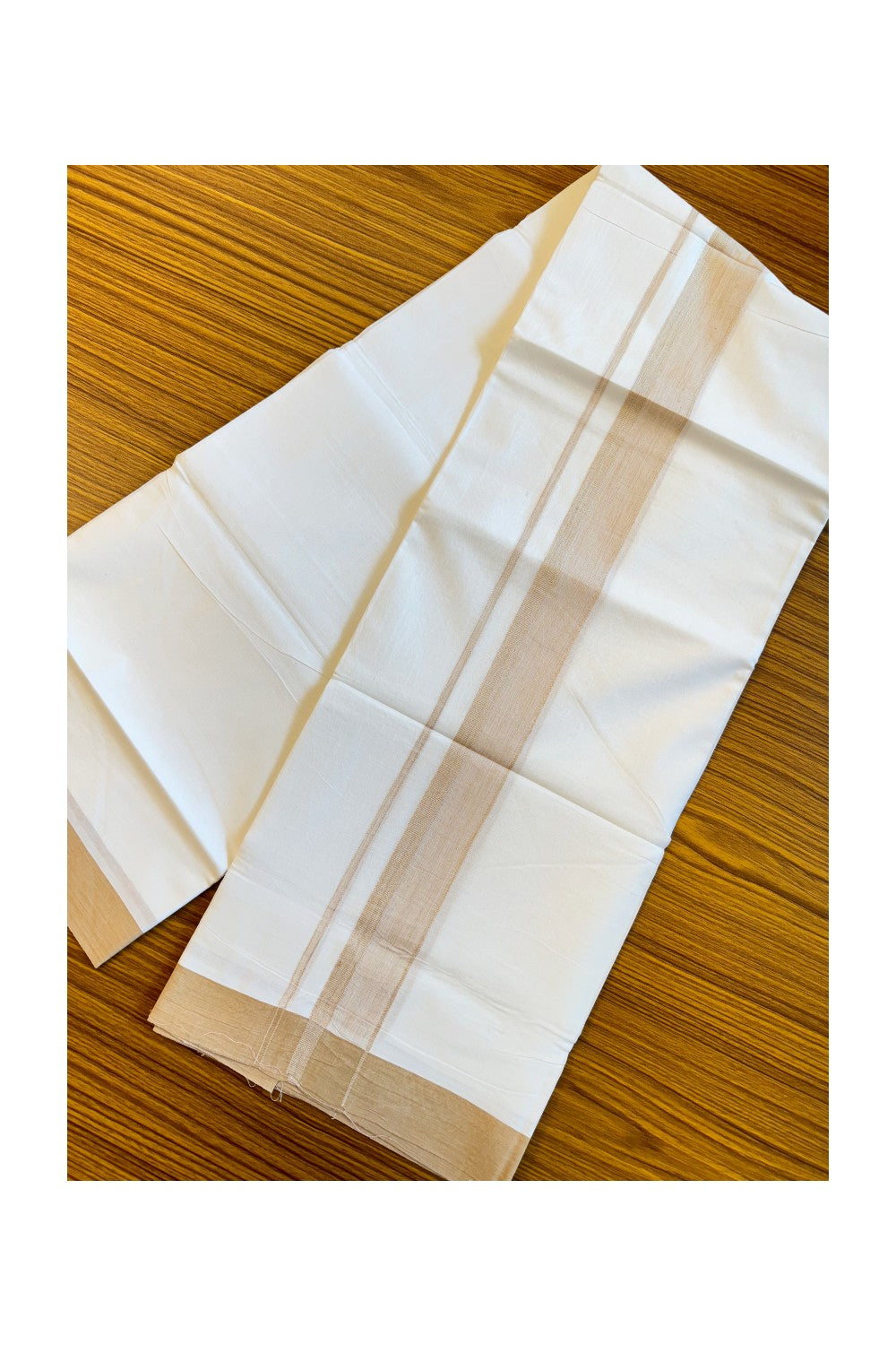 19% DISCOUNT!!! KaithariKada Balaramapuram 100% Cotton Double PURE white Mundu/Dhoti-100x100   2.5 Inch Sand brown & white shades kara  - 53KK83VIN