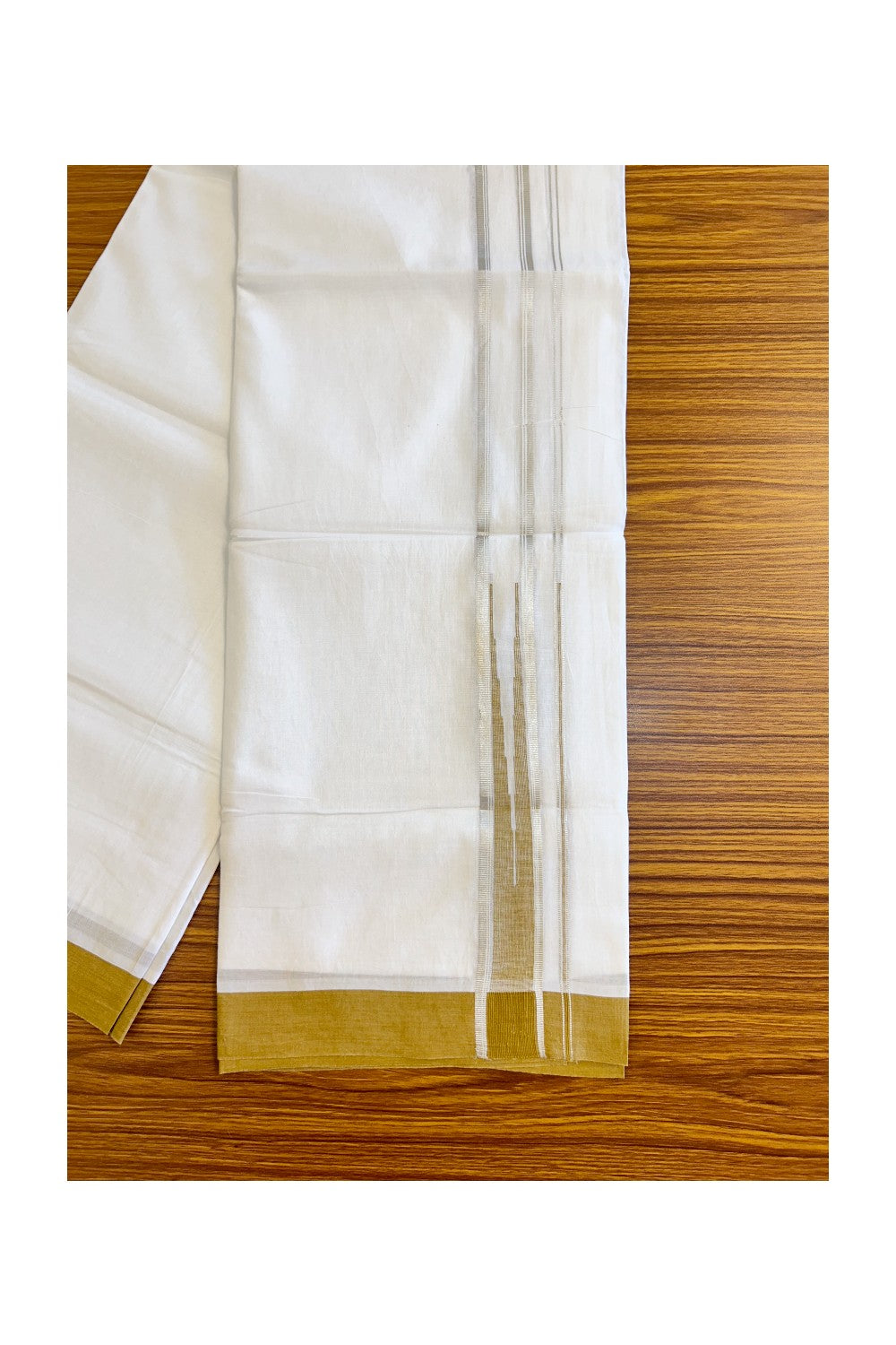 21% DISCOUNT!! Kaitharikada Balaramapuram 100% Cotton PURE WHITE Double Mundu/Dothi-100x100 Puliyilakkara CHUTTY 1.75 Inch Yellow Brown & SILVER STRIPED Cotton Kara - 52KK424CEE