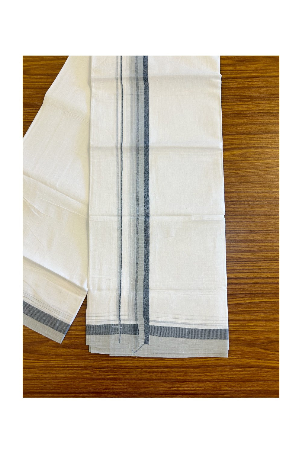 15% DISCOUNT!! Kaitharikada Balaramapuram 100% Cotton Ultra WHITE Double Mundu/Dothi-100x90  2 inch Ash Gray & Navy Blue  shaded stripes kara - 53KK430VAS