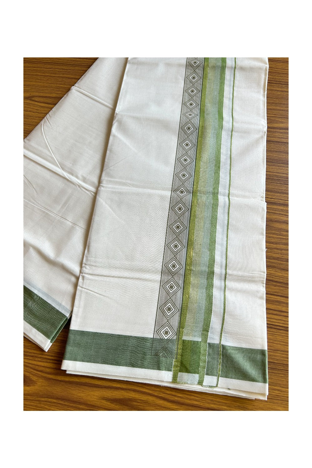 32% Discount !! KaithariKada Balaramapuram 100% Cotton Off white (Unbleached) Double Mundu/Dhoti - 80x72 - 3.25 Inch Light green silver & kasavu shaded pattern printed kara - 53KK470VIN