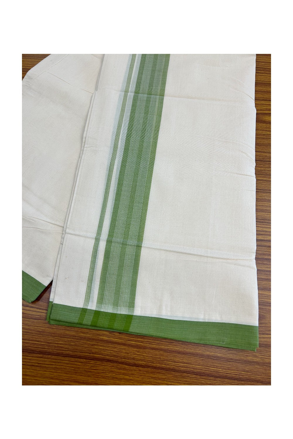 8% Discount!! KaithariKada HANDLOOM millpaav Balaramapuram - 100% PURE Cotton OFF White Double - (Unbleached) Mundu/Dothi - 2.75  inch Light Green Striped Mulloth Kara 4.5 Meters (10 Muzham) - 53KK5029RAV