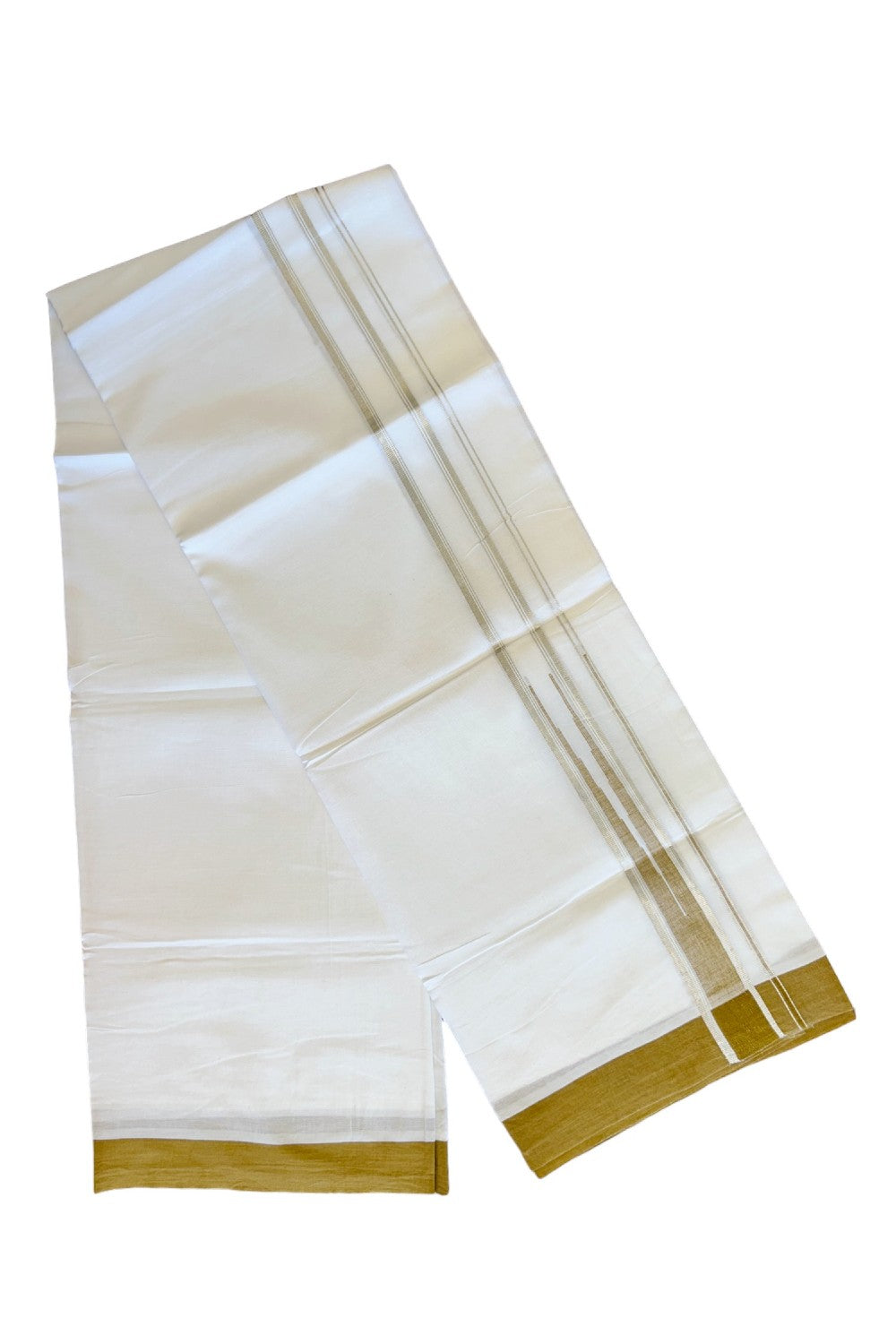 21% DISCOUNT!! Kaitharikada Balaramapuram 100% Cotton PURE WHITE Double Mundu/Dothi-100x100 Puliyilakkara CHUTTY 1.75 Inch Yellow Brown & SILVER STRIPED Cotton Kara - 52KK424CEE