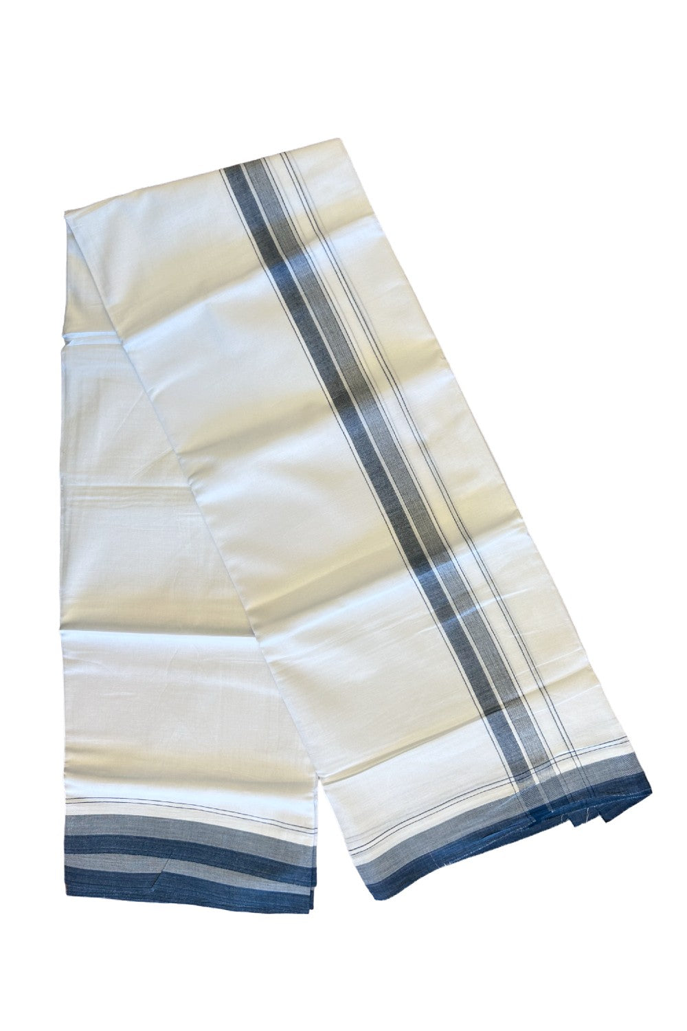 15% DISCOUNT!! Kaitharikada Balaramapuram 100% Cotton Ultra WHITE Double Mundu/Dothi-100x90  2.5 inch Dark Peacock blue shaded stripes kara - 54KK430VAS