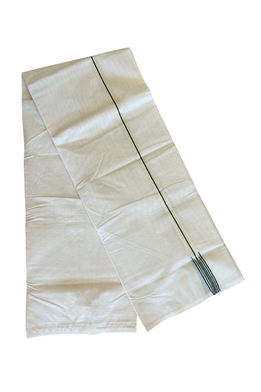 21% DISCOUNT!! KaithariKada Balaramapuram 100% Cotton  OFF WHITE Double - (Unbleached) Mundu/Dhoti-100x100  2 cm Puliyilakkara chutty 6 line Kasavu & Dark Green - 54KK500KK