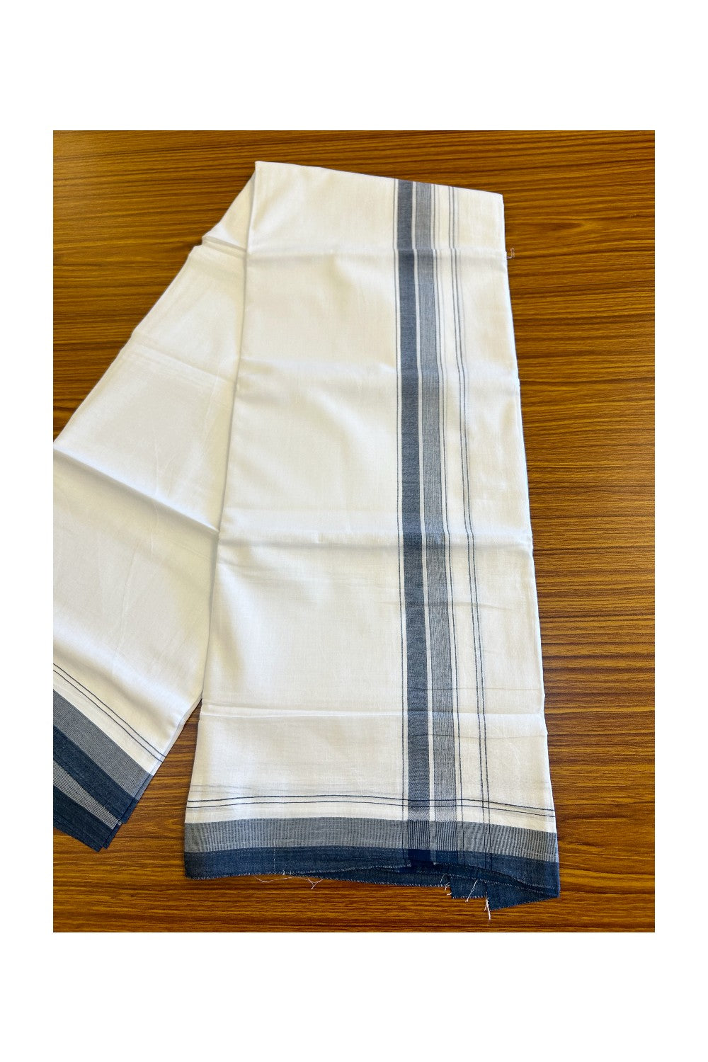 15% DISCOUNT!! Kaitharikada Balaramapuram 100% Cotton Ultra WHITE Double Mundu/Dothi-100x90  2.5 inch Dark Peacock blue shaded stripes kara - 54KK430VAS