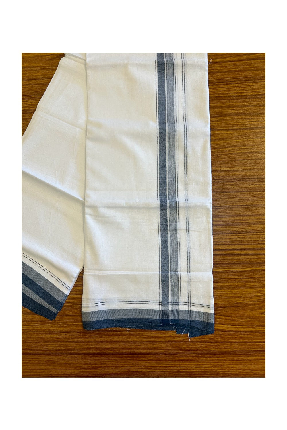 15% DISCOUNT!! Kaitharikada Balaramapuram 100% Cotton Ultra WHITE Double Mundu/Dothi-100x90  2.5 inch Dark Peacock blue shaded stripes kara - 54KK430VAS