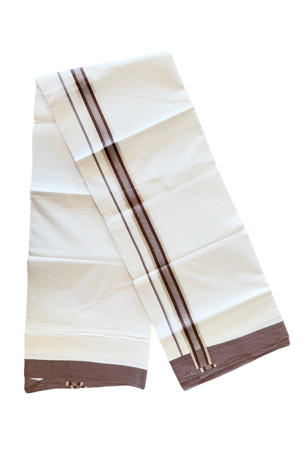 24% DISCOUNT!! Kaitharikada Balaramapuram 100% Cotton Ultra WHITE Double Mundu./Dothi-100x80   2 Inch BROWN  + SILVER Striped Cotton Kara -55KK45VAS.