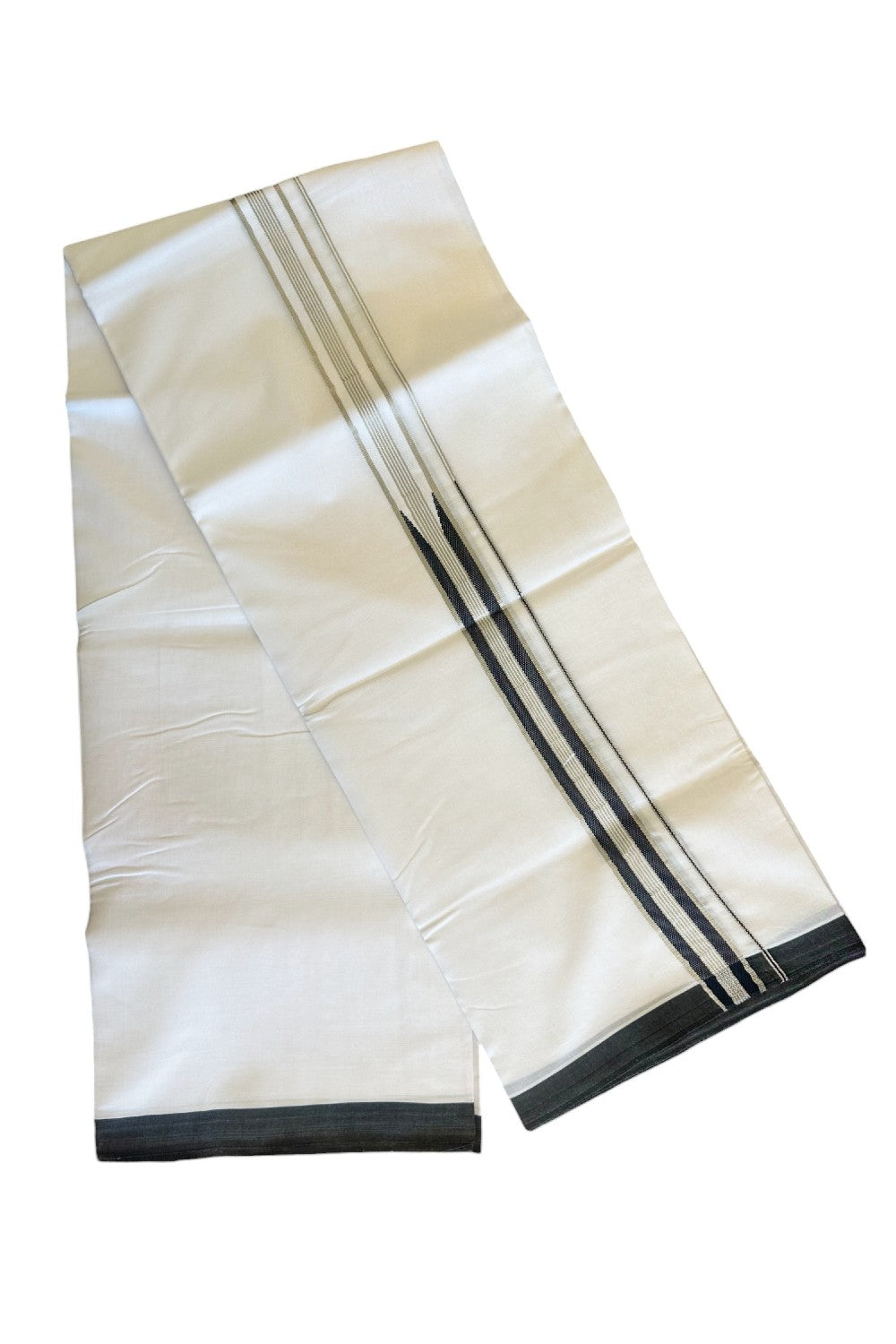 20% DISCOUNT! KaithariKada Balaramapuram 100% Cotton PURE white Double Mundu/Dhoti -100x100 2  inch  Chutty Heavy Designer Black & Silver Kasavu Kara - 55KK481ASH