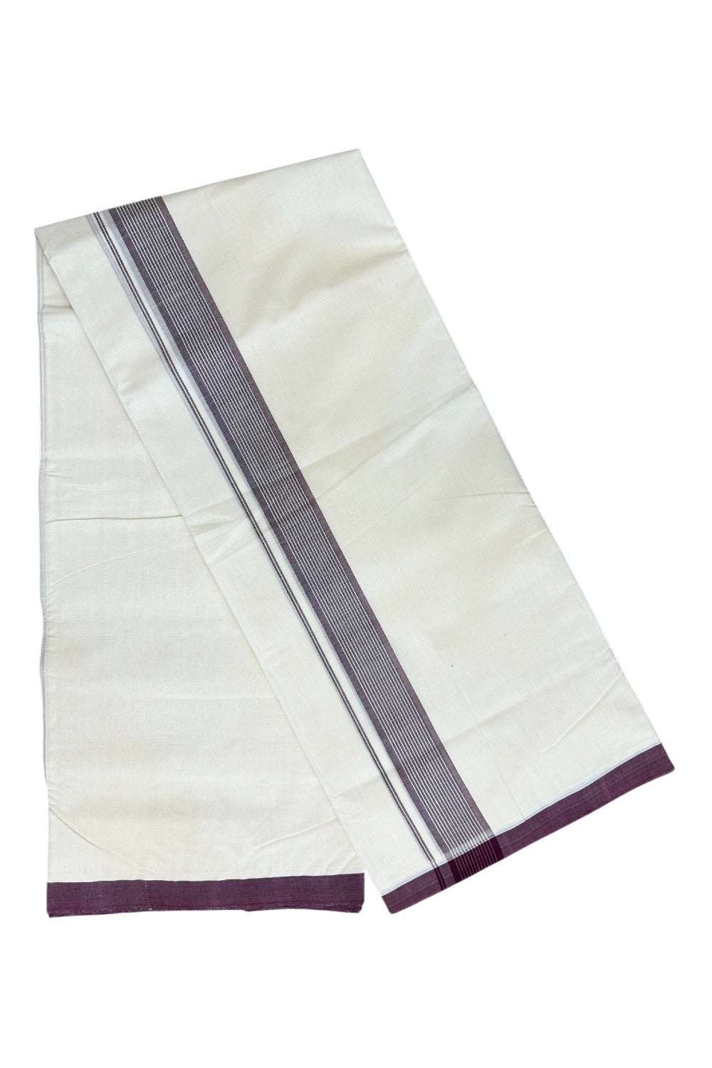 8% DISCOUNT!! KaithariKada HANDLOOM millpaav Balaramapuram - 100% PURE Cotton OFF White Double - (Unbleached) Mundu/Dothi - 2.75  inch Purple Striped Mulloth Kara 4.5 Meters (10 Muzham) - 55KK5029RAV