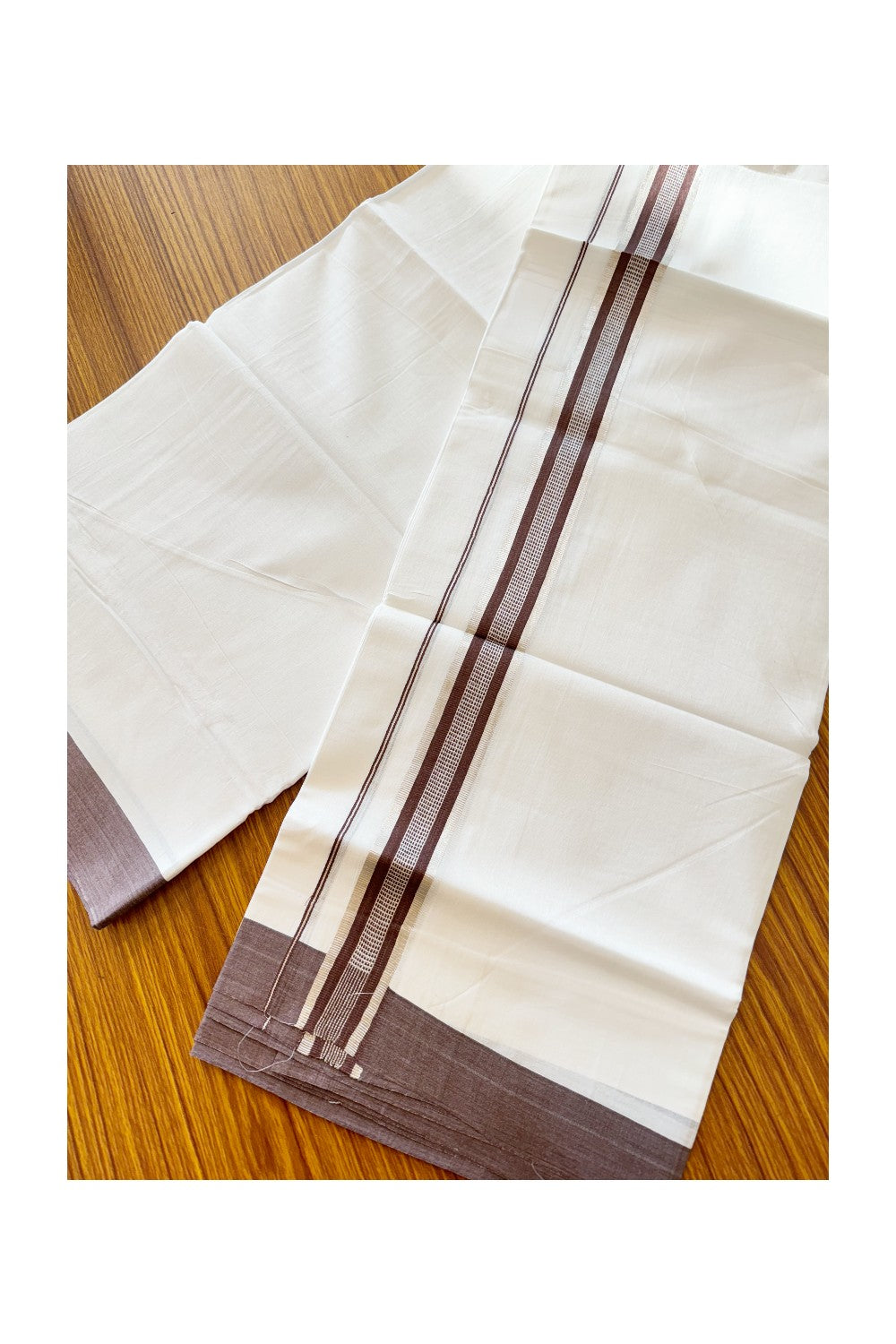 24% DISCOUNT!! Kaitharikada Balaramapuram 100% Cotton Ultra WHITE Double Mundu./Dothi-100x80   2 Inch BROWN  + SILVER Striped Cotton Kara -55KK45VAS.