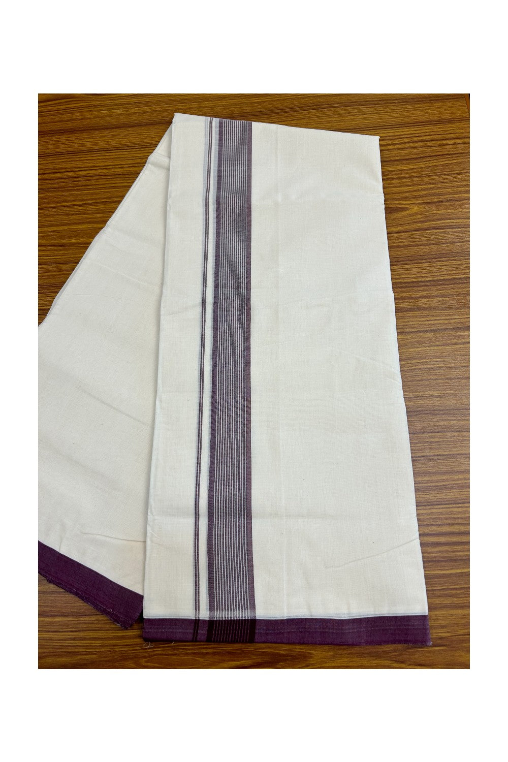 8% DISCOUNT!! KaithariKada HANDLOOM millpaav Balaramapuram - 100% PURE Cotton OFF White Double - (Unbleached) Mundu/Dothi - 2.75  inch Purple Striped Mulloth Kara 4.5 Meters (10 Muzham) - 55KK5029RAV