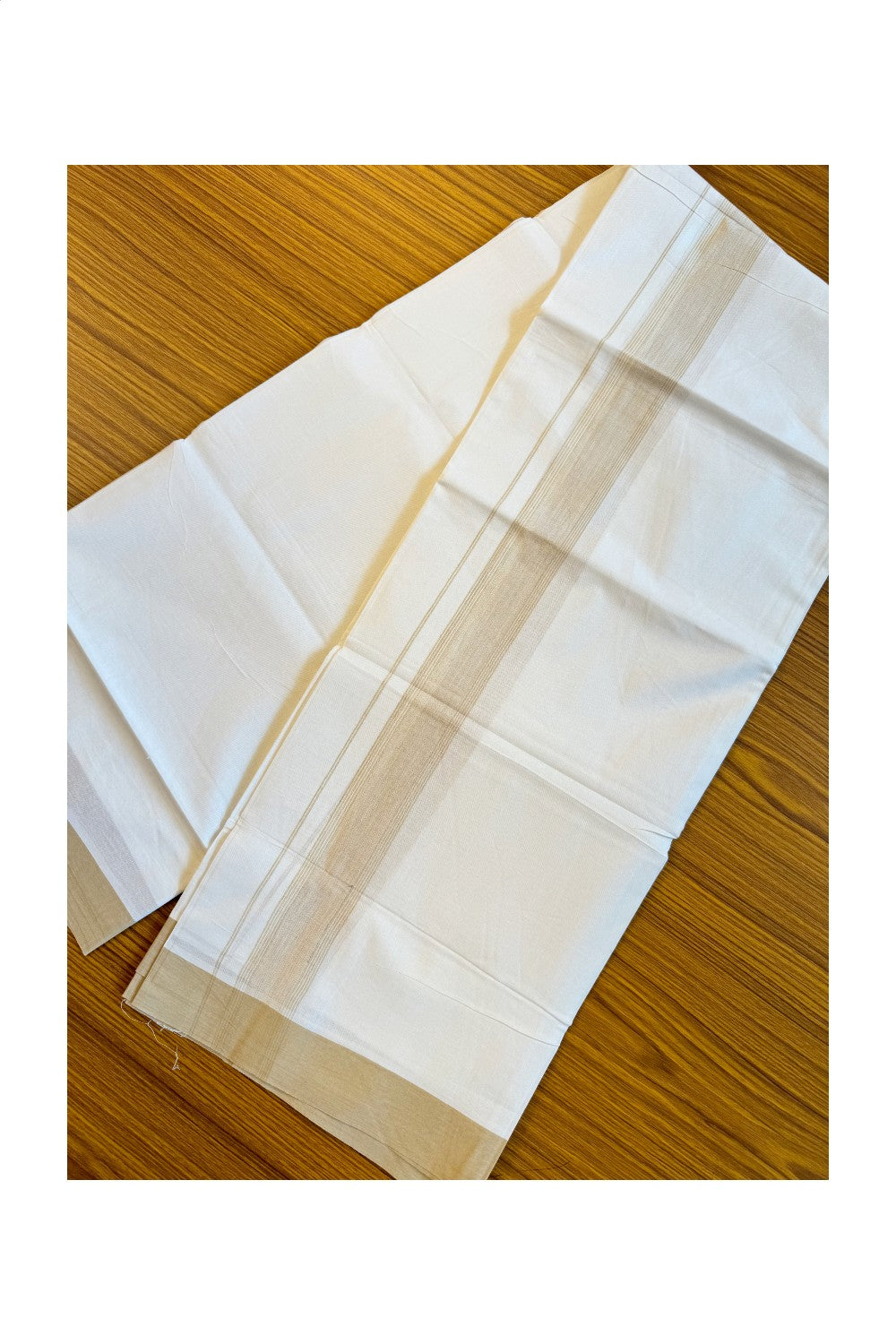 19% DISCOUNT!!! KaithariKada Balaramapuram 100% Cotton Double PURE white Mundu/Dhoti-100x100   2.25 Inch sand brown + white shades & striped kara  - 55KK83VIN