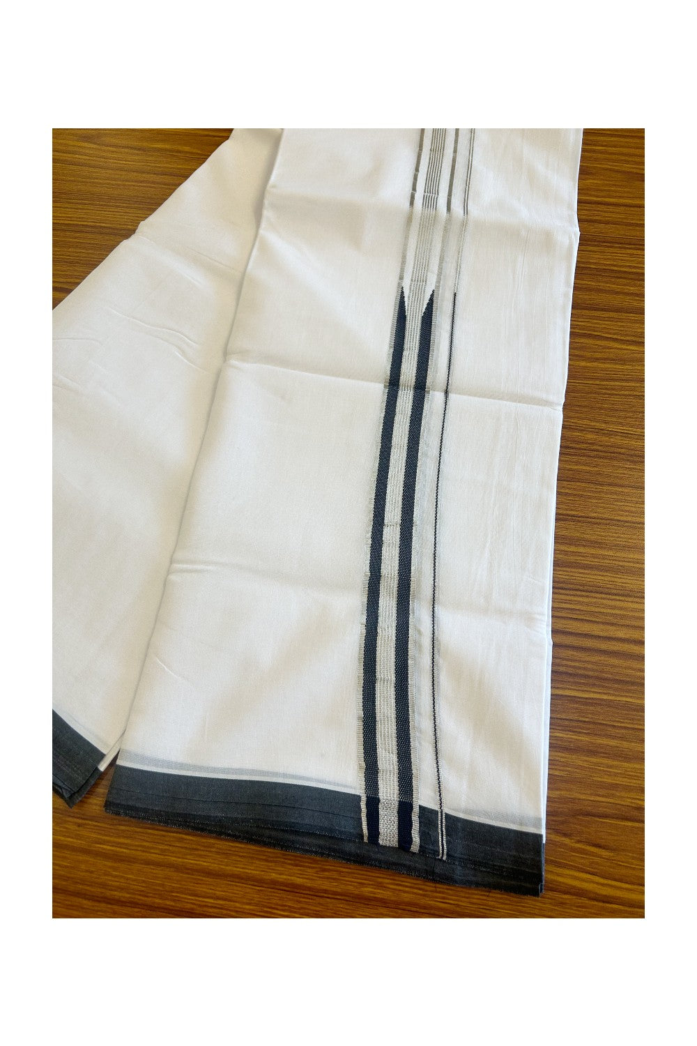 20% DISCOUNT! KaithariKada Balaramapuram 100% Cotton PURE white Double Mundu/Dhoti -100x100 2  inch  Chutty Heavy Designer Black & Silver Kasavu Kara - 55KK481ASH