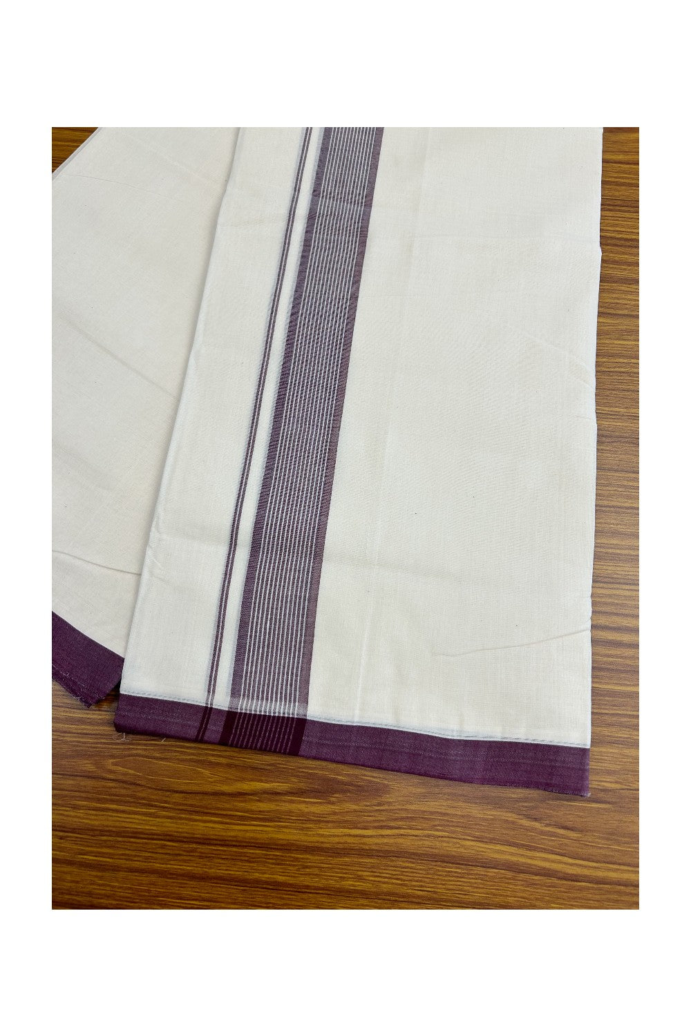 8% DISCOUNT!! KaithariKada HANDLOOM millpaav Balaramapuram - 100% PURE Cotton OFF White Double - (Unbleached) Mundu/Dothi - 2.75  inch Purple Striped Mulloth Kara 4.5 Meters (10 Muzham) - 55KK5029RAV