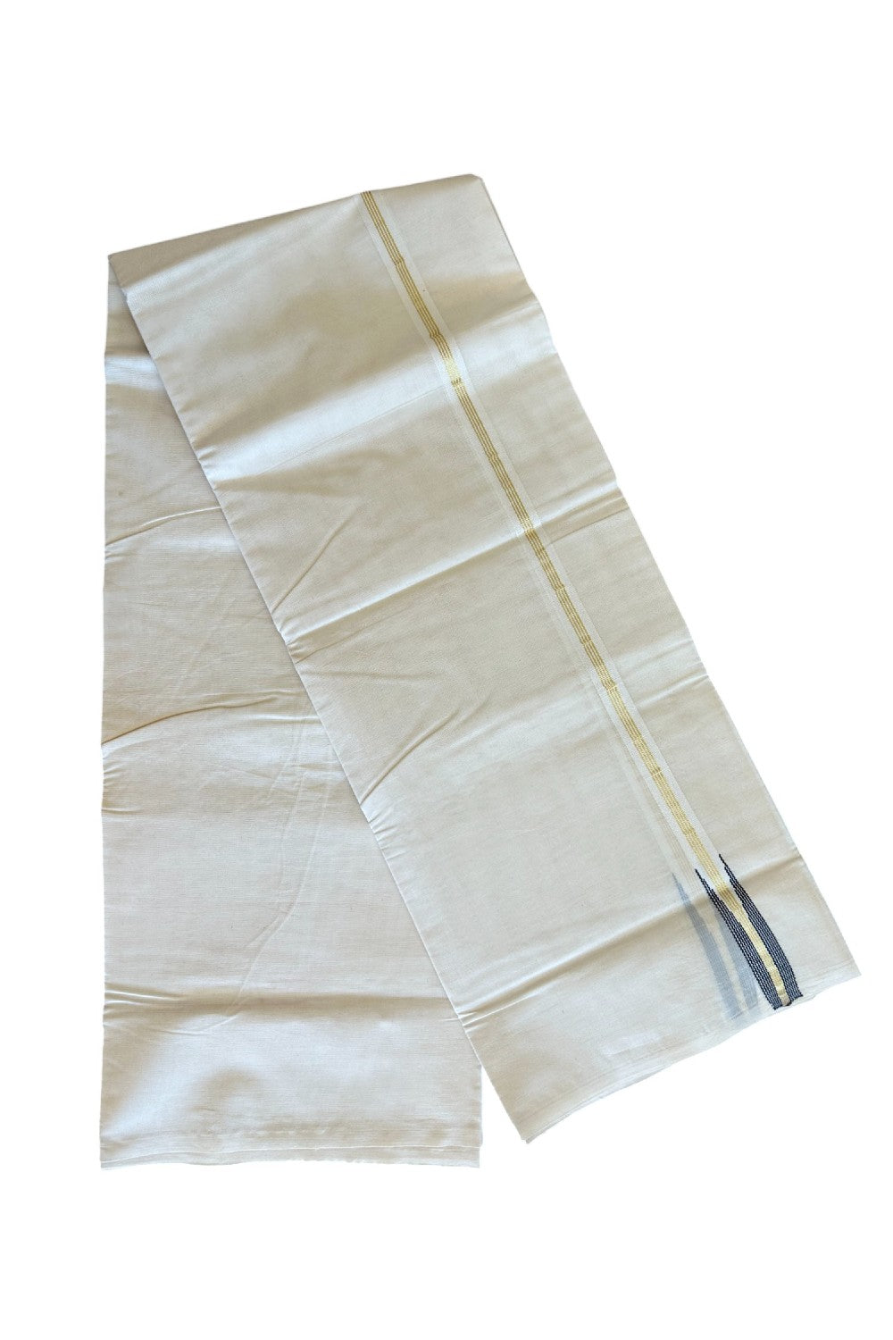 18%DISCOUNT!!  KaithariKada Balaramapuram 100% Cotton Double Off white Mundu/Dhoti-100x100 2 cm Puliyilakkara Chutty 4 line Kasavu & Black - 56KK500KK