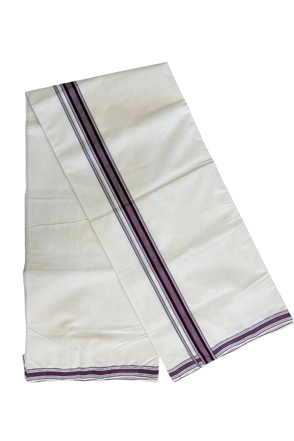 8% Discount!! KaithariKada HANDLOOM millpaav Balaramapuram - 100% PURE Cotton OFF White Double - (Unbleached) Mundu/Dothi - 1.75  inch Purple  White Striped Kara 4.5 Meters (10 Muzham) - 56KK5029RAV