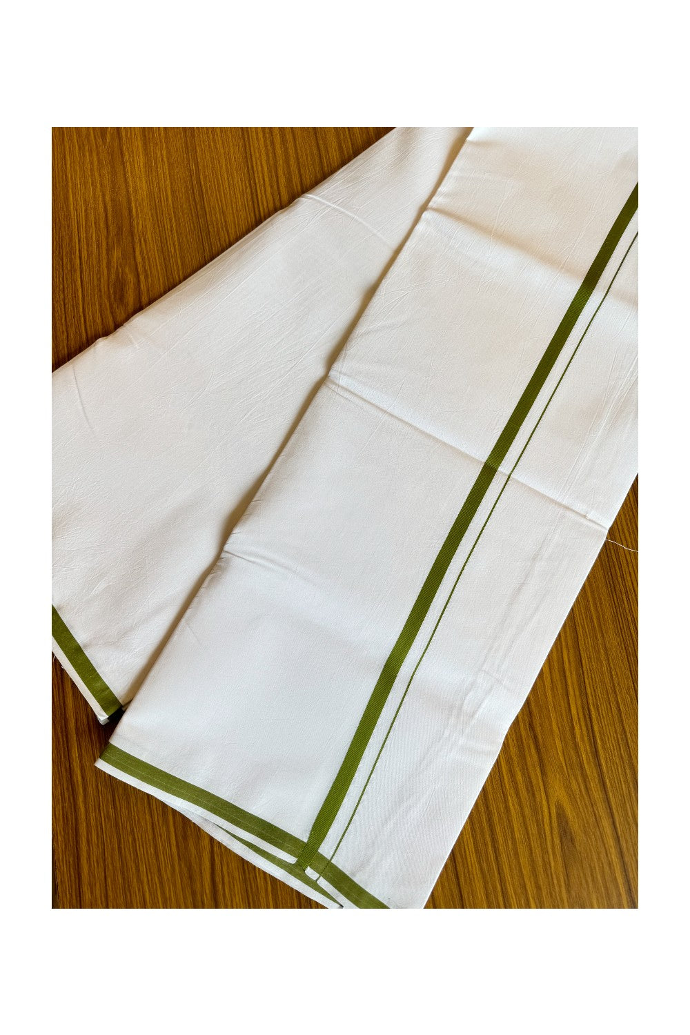 10% DISCOUNT ! KaithariKada Balaramapuram 100%  COTTON SINGLE PURE WHITE Mundu/Dhoti (40s) - 2 cm Dark olive green kara - 56KK412ASH