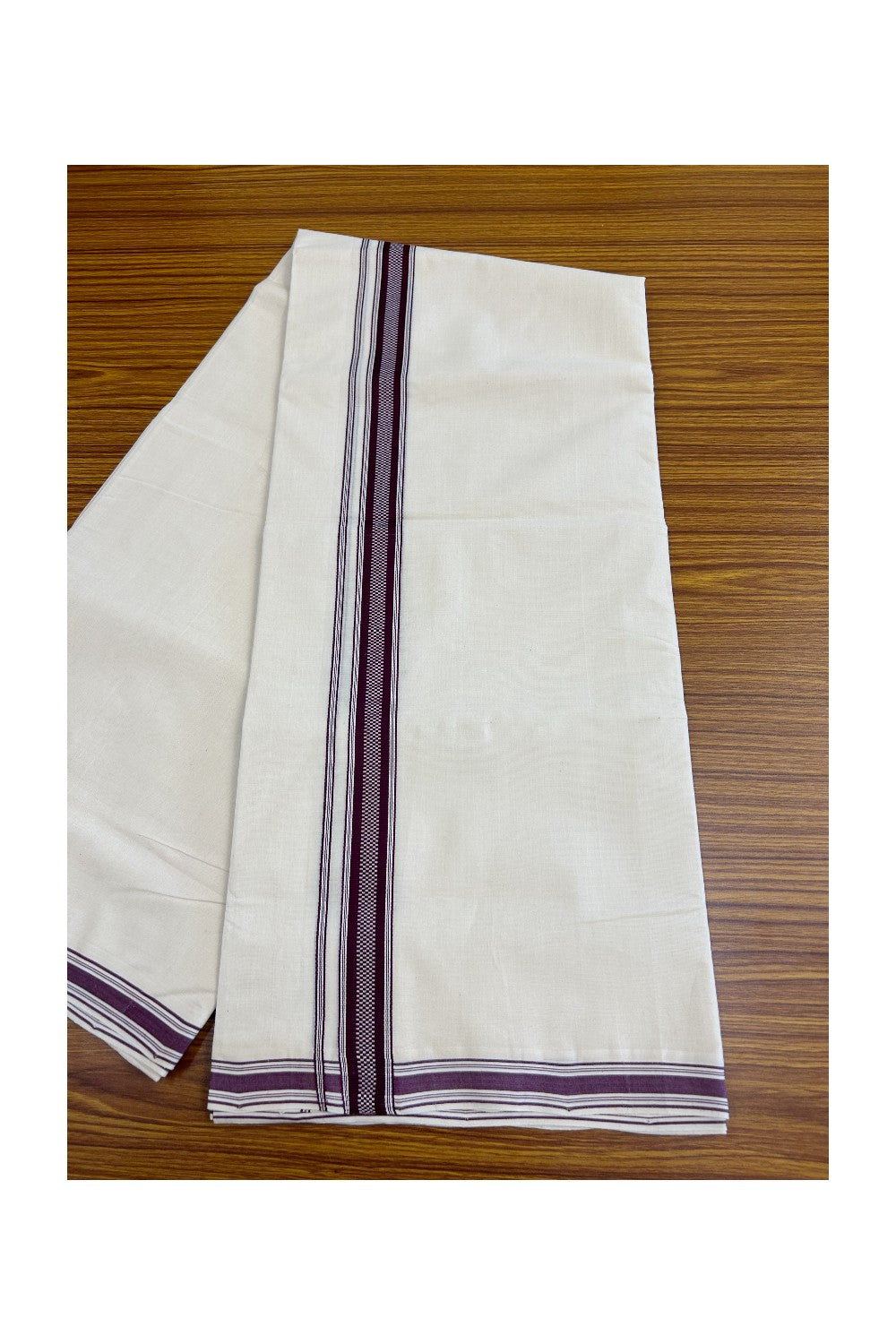 8% Discount!! KaithariKada HANDLOOM millpaav Balaramapuram - 100% PURE Cotton OFF White Double - (Unbleached) Mundu/Dothi - 1.75  inch Purple  White Striped Kara 4.5 Meters (10 Muzham) - 56KK5029RAV