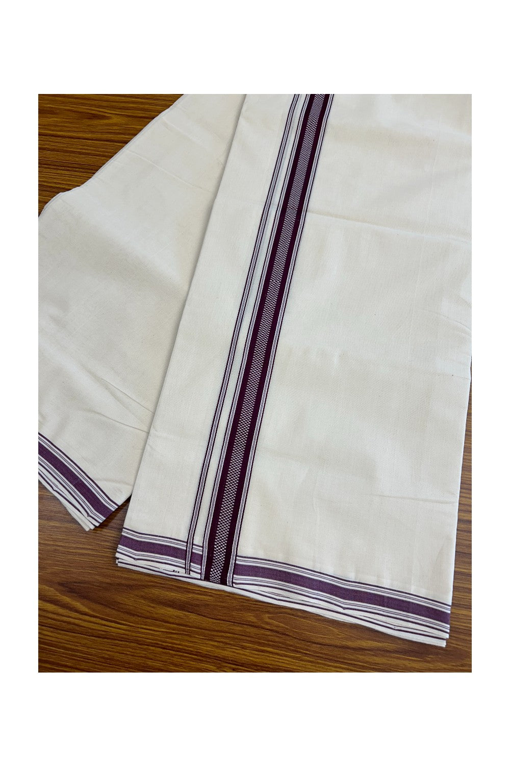 8% Discount!! KaithariKada HANDLOOM millpaav Balaramapuram - 100% PURE Cotton OFF White Double - (Unbleached) Mundu/Dothi - 1.75  inch Purple  White Striped Kara 4.5 Meters (10 Muzham) - 56KK5029RAV