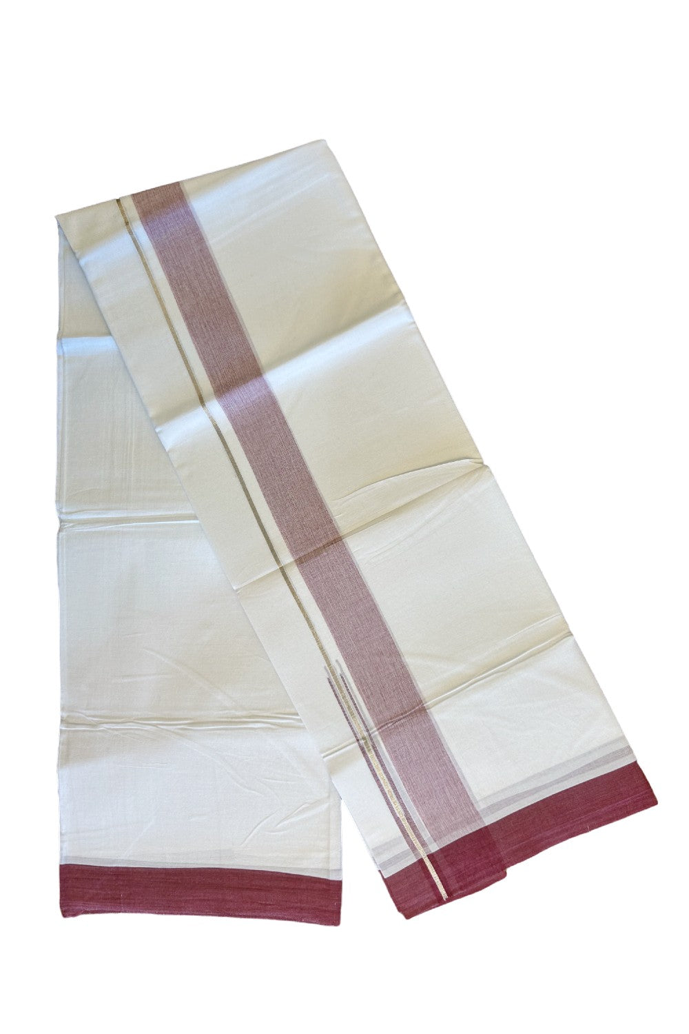 15% DISCOUNT!! Kaitharikada Balaramapuram 100% Cotton Ultra WHITE Double Mundu/Dothi-100x90  1.5 inch Puliyilakkara chutty silver kasavu & Maroon shaded kara - 57KK430VAS