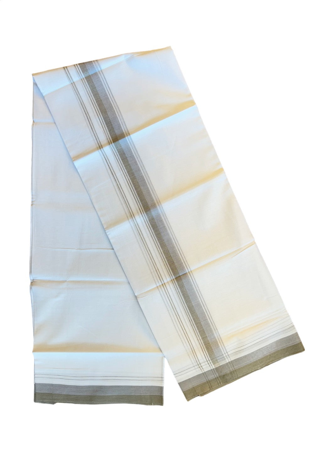 19% DISCOUNT!!! KaithariKada Balaramapuram 100% Cotton Double PURE white Mundu/Dhoti-100x100   2.25 Inch Olive green & ash gray striped kara  - 57KK83VIN