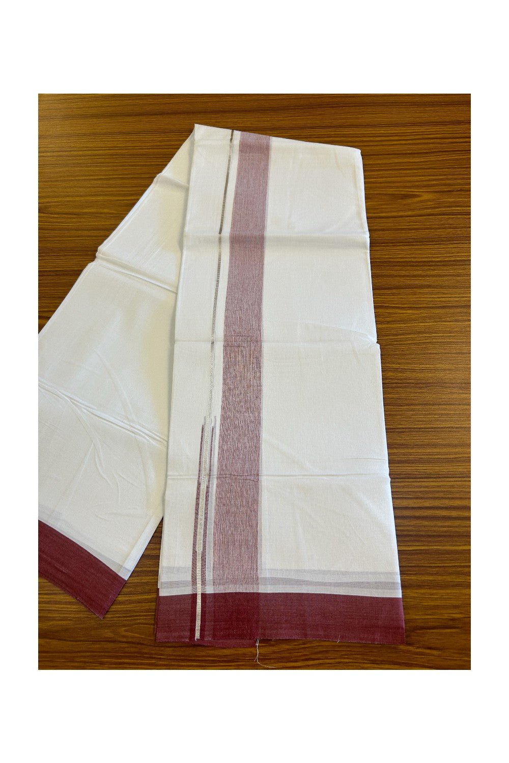 15% DISCOUNT!! Kaitharikada Balaramapuram 100% Cotton Ultra WHITE Double Mundu/Dothi-100x90  1.5 inch Puliyilakkara chutty silver kasavu & Maroon shaded kara - 57KK430VAS