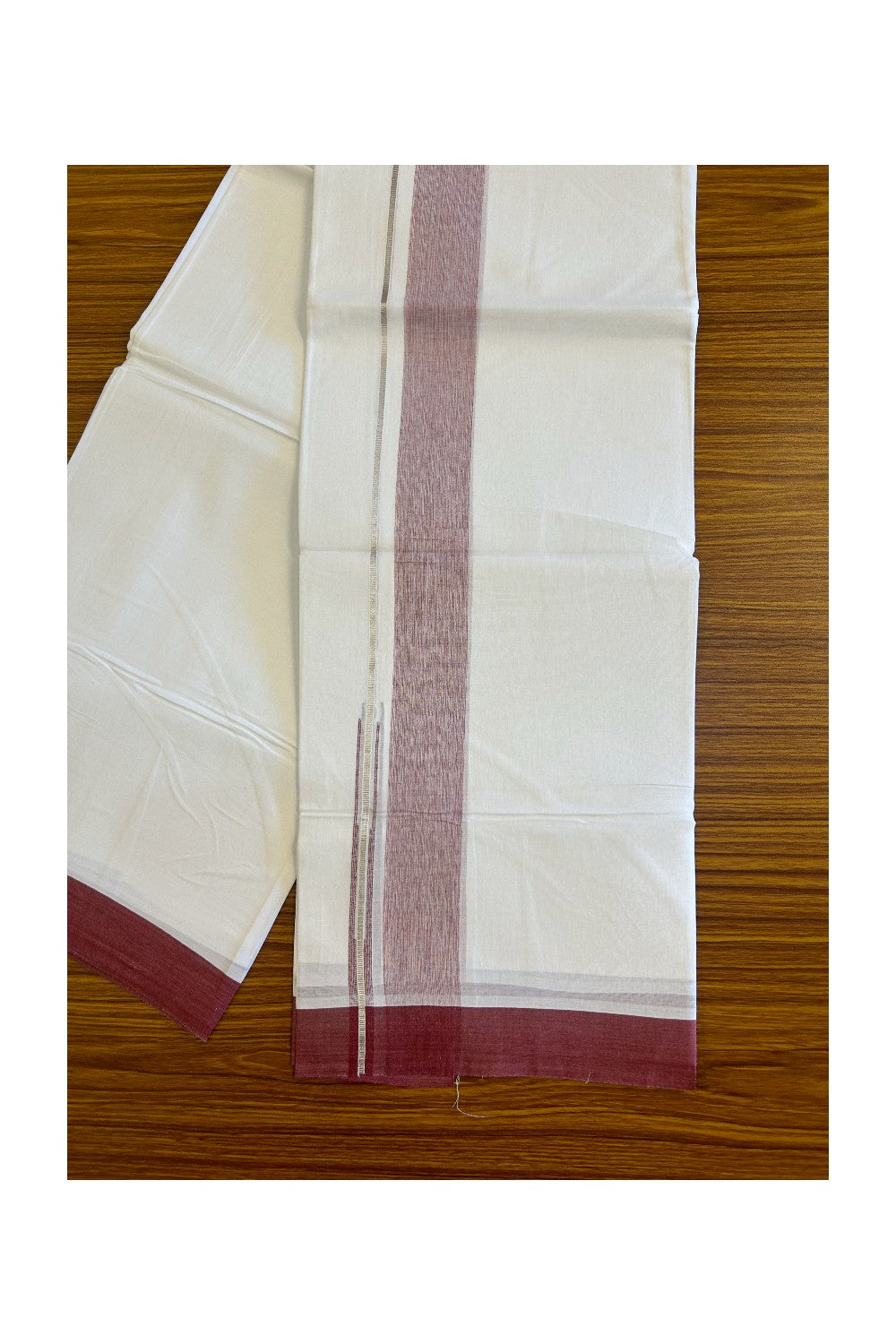 15% DISCOUNT!! Kaitharikada Balaramapuram 100% Cotton Ultra WHITE Double Mundu/Dothi-100x90  1.5 inch Puliyilakkara chutty silver kasavu & Maroon shaded kara - 57KK430VAS