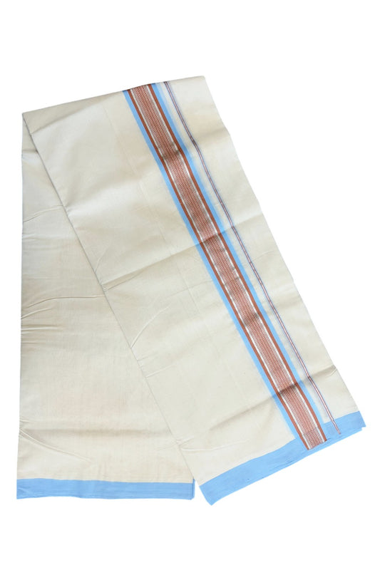 8% Discount!! KaithariKada HANDLOOM millpaav Balaramapuram - 100% PURE Cotton OFF White Double - (Unbleached) Mundu/Dothi - 2.15  inch Silver Kasavu & Peach Sky Blue Kara 4.5 Meters (10 Muzham) - 58KK5029RAV