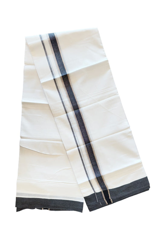 24% DISCOUNT!! Kaitharikada Balaramapuram 100% Cotton Ultra WHITE Double Mundu./Dothi-100x80  2.25 Inch BLACK + SILVER Striped Cotton Kara -58KK45VAS.