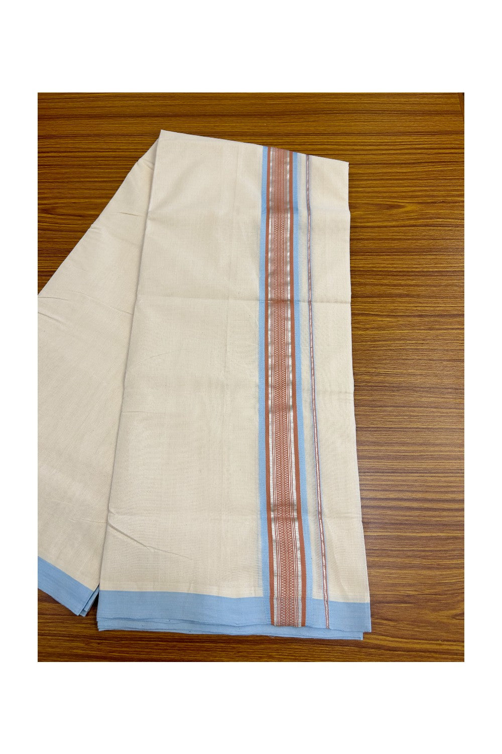 8% Discount!! KaithariKada HANDLOOM millpaav Balaramapuram - 100% PURE Cotton OFF White Double - (Unbleached) Mundu/Dothi - 2.15  inch Silver Kasavu & Peach Sky Blue Kara 4.5 Meters (10 Muzham) - 58KK5029RAV