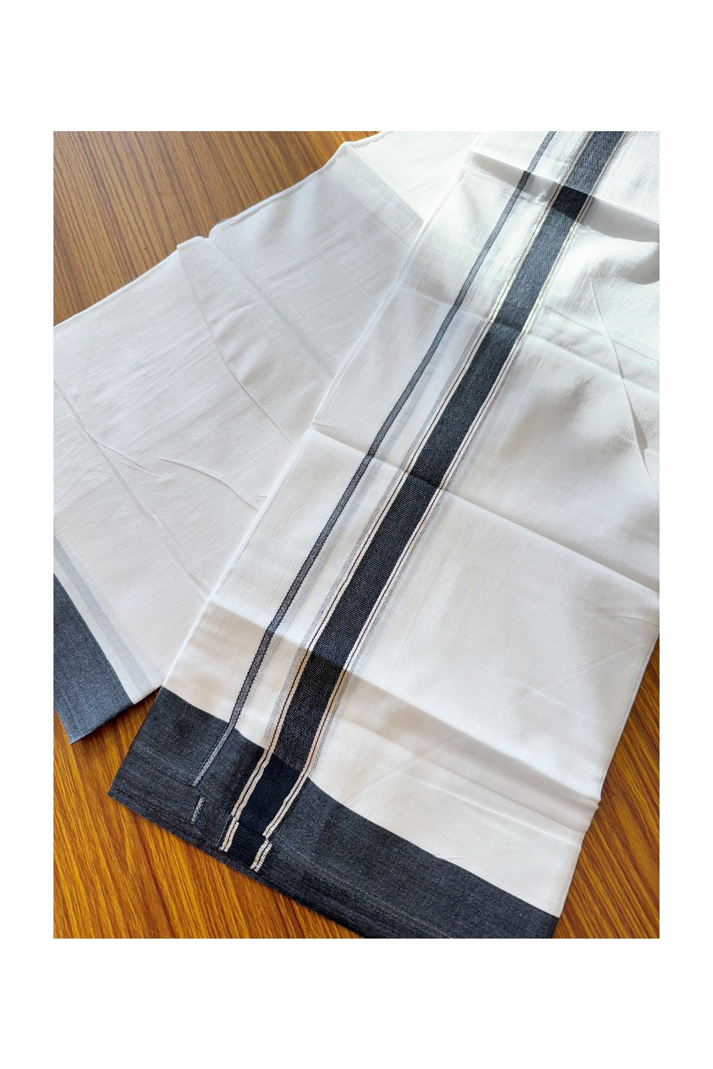 24% DISCOUNT!! Kaitharikada Balaramapuram 100% Cotton Ultra WHITE Double Mundu./Dothi-100x80  2.25 Inch BLACK + SILVER Striped Cotton Kara -58KK45VAS.