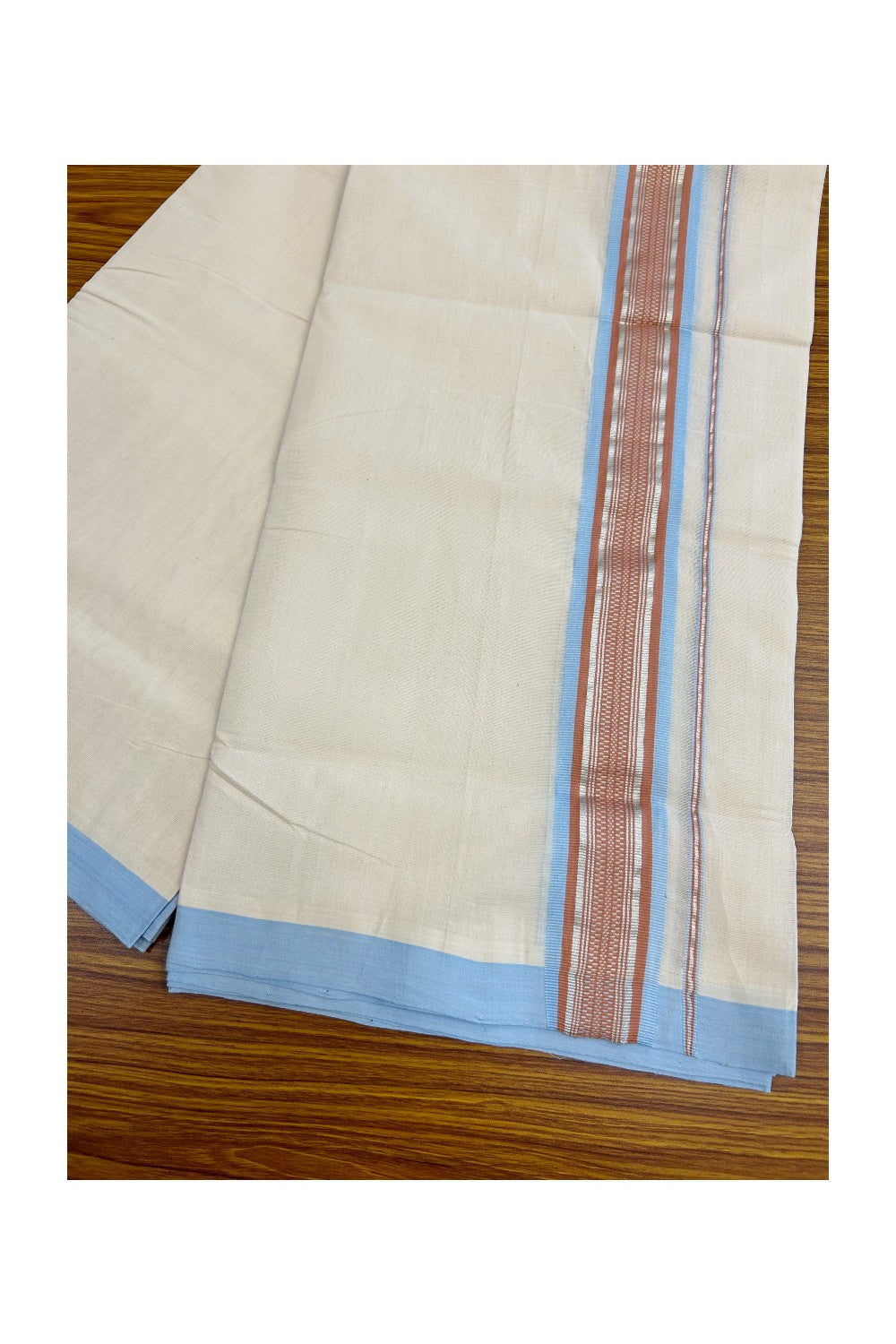 8% Discount!! KaithariKada HANDLOOM millpaav Balaramapuram - 100% PURE Cotton OFF White Double - (Unbleached) Mundu/Dothi - 2.15  inch Silver Kasavu & Peach Sky Blue Kara 4.5 Meters (10 Muzham) - 58KK5029RAV