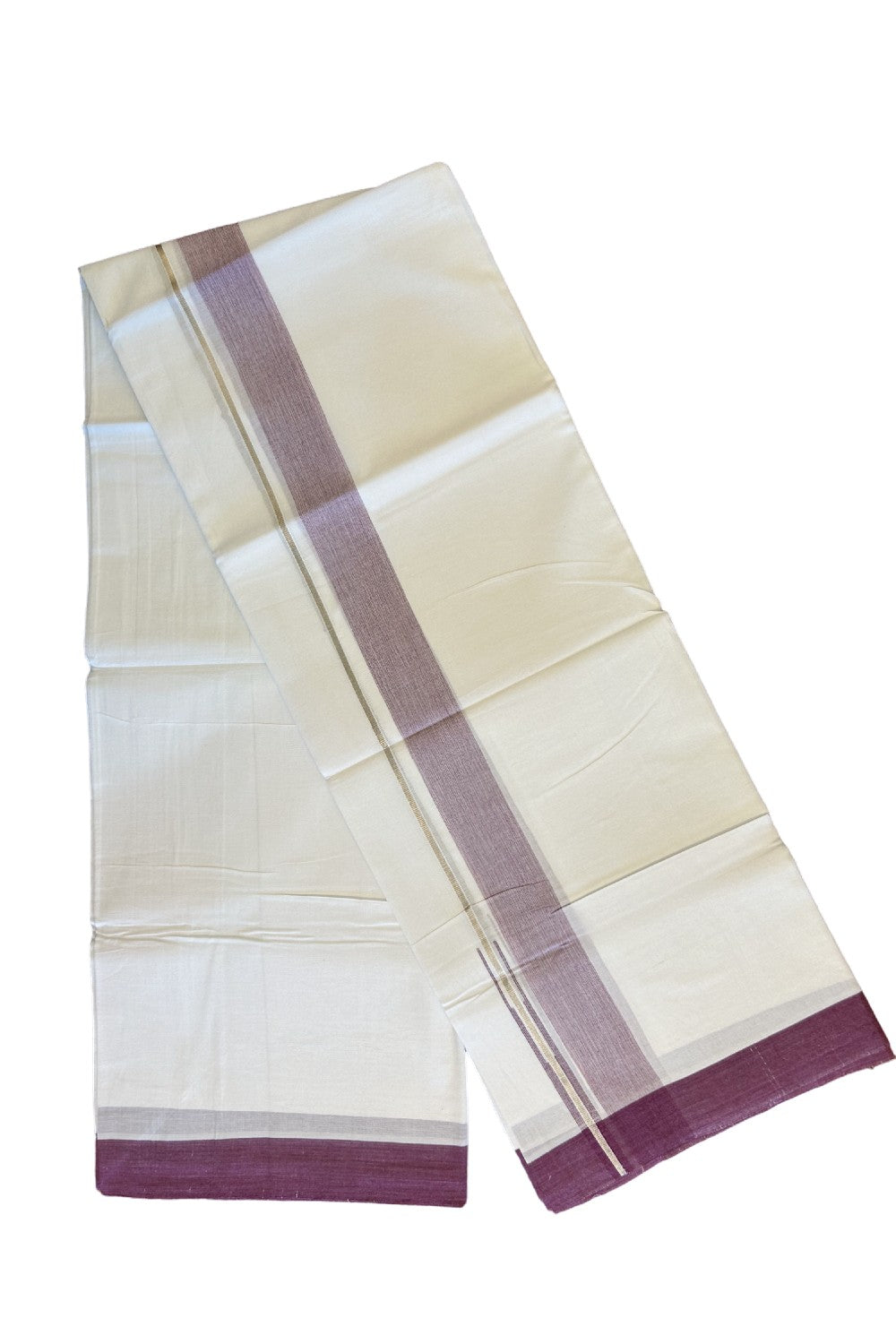 15% DISCOUNT!! Kaitharikada Balaramapuram 100% Cotton Ultra WHITE Double Mundu/Dothi-100x90  1.5 inch Puliyilakkara chutty silver kasavu & Dark purple shaded kara - 59KK430VAS