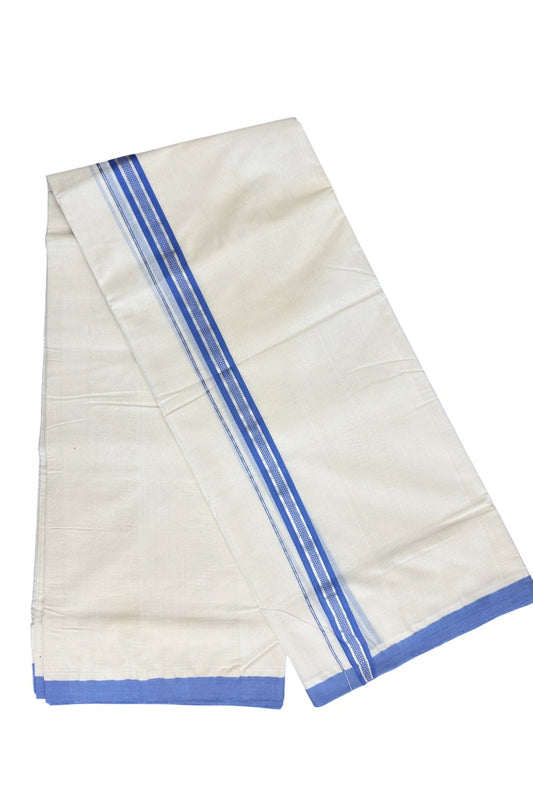 8% Discount!! KaithariKada HANDLOOM millpaav Balaramapuram - 100% PURE Cotton OFF White Double - (Unbleached) Mundu/Dothi - 1.75 inch Silver Kasavu & Lavender Blue Kara 4.5 Meters (10 Muzham) - 59KK5029RAM