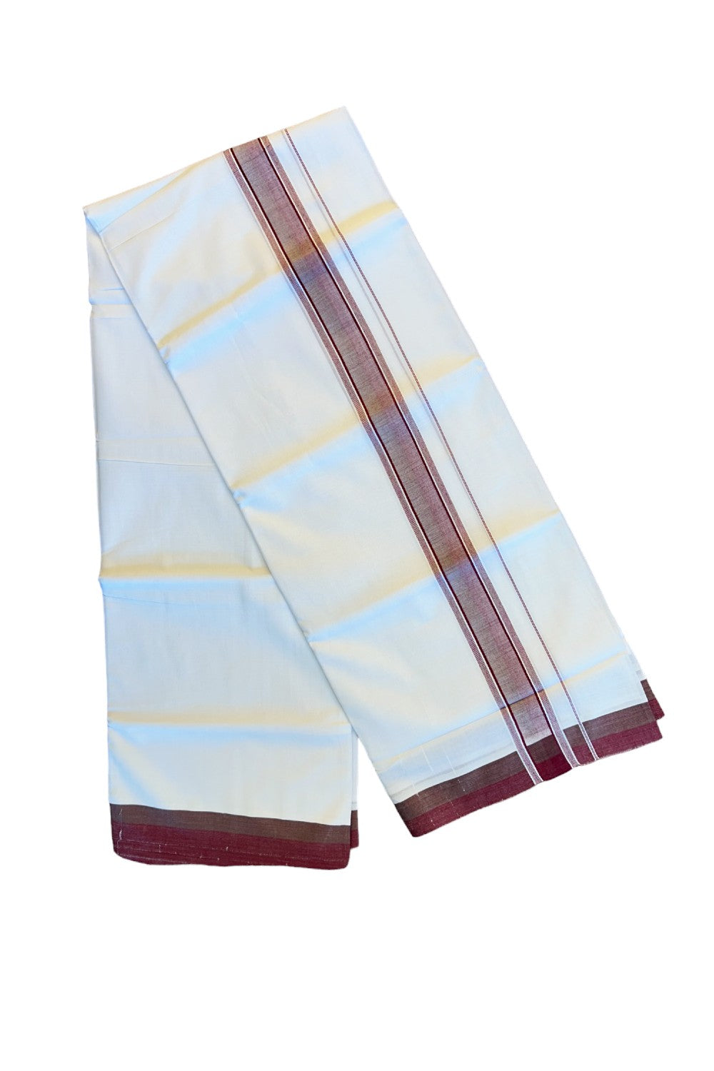 21% DISCOUNT!! Kaitharikada Balaramapuram 100% Cotton Ultra WHITE Double Mundu/Dothi-100x80   2.25 Inch MAROON Striped Cotton Kara -59KK73VAS