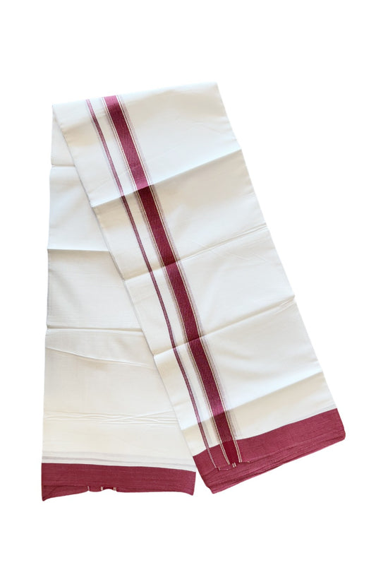 24% DISCOUNT!! Kaitharikada Balaramapuram 100% Cotton Ultra WHITE Double Mundu./Dothi-100x80  2 Inch MAROON MAGENTA + SILVER Striped Cotton Kara -59KK45VAS.