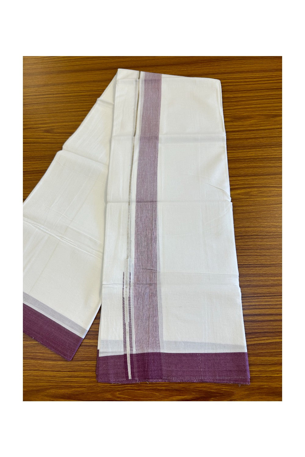 15% DISCOUNT!! Kaitharikada Balaramapuram 100% Cotton Ultra WHITE Double Mundu/Dothi-100x90  1.5 inch Puliyilakkara chutty silver kasavu & Dark purple shaded kara - 59KK430VAS