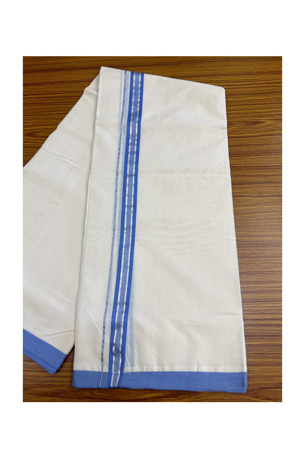 8% Discount!! KaithariKada HANDLOOM millpaav Balaramapuram - 100% PURE Cotton OFF White Double - (Unbleached) Mundu/Dothi - 1.75 inch Silver Kasavu & Lavender Blue Kara 4.5 Meters (10 Muzham) - 59KK5029RAM