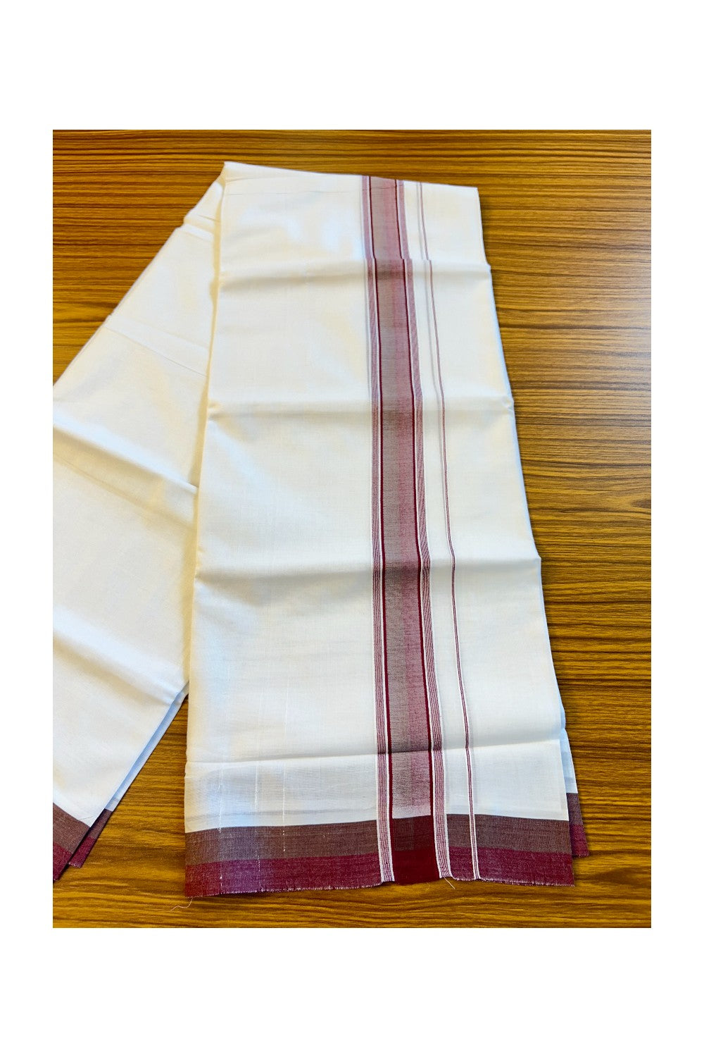 21% DISCOUNT!! Kaitharikada Balaramapuram 100% Cotton Ultra WHITE Double Mundu/Dothi-100x80   2.25 Inch MAROON Striped Cotton Kara -59KK73VAS