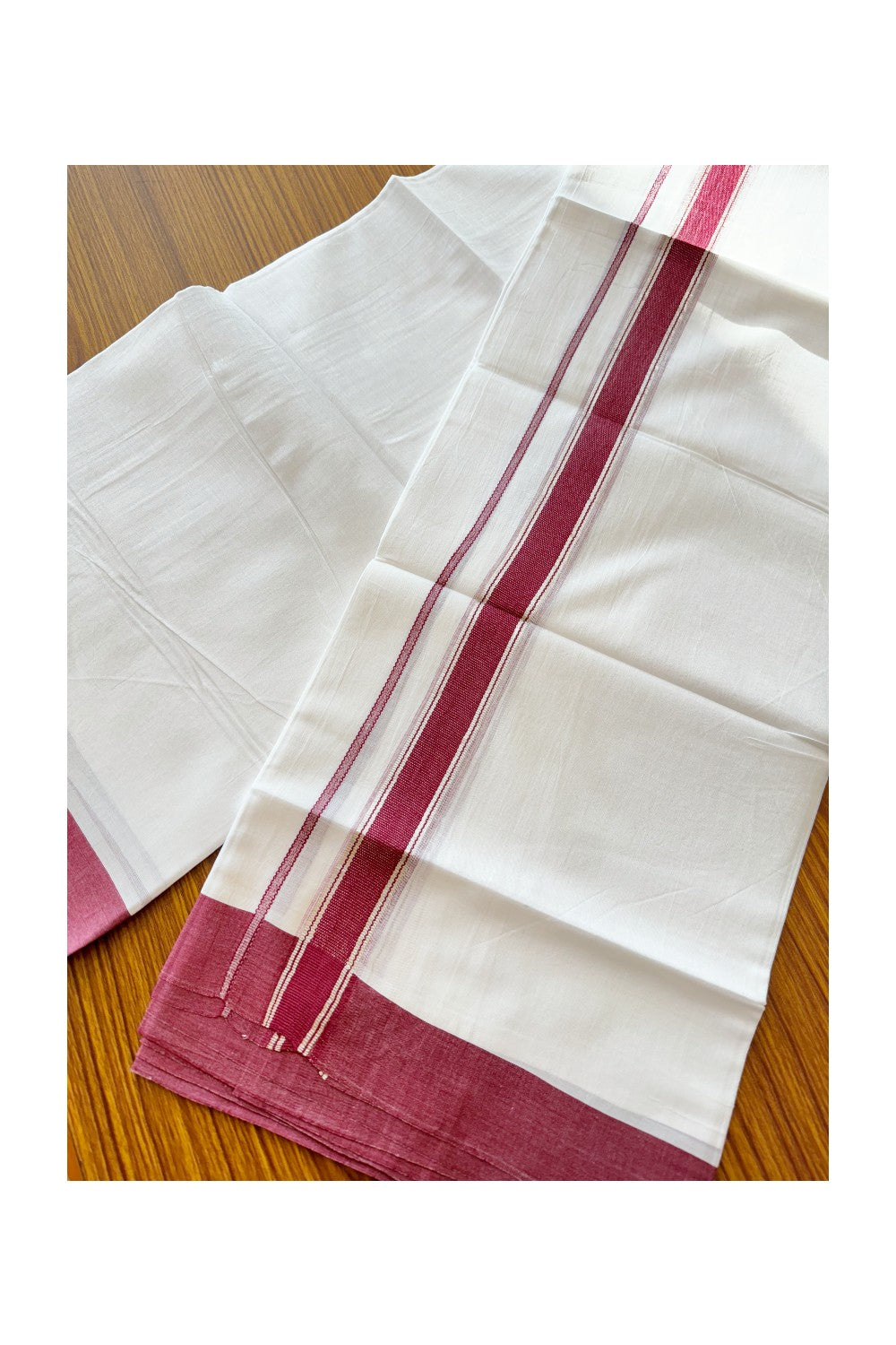 24% DISCOUNT!! Kaitharikada Balaramapuram 100% Cotton Ultra WHITE Double Mundu./Dothi-100x80  2 Inch MAROON MAGENTA + SILVER Striped Cotton Kara -59KK45VAS.