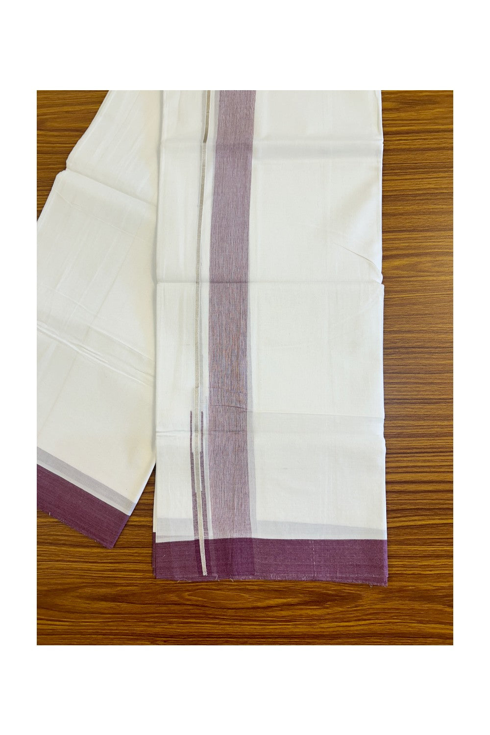 15% DISCOUNT!! Kaitharikada Balaramapuram 100% Cotton Ultra WHITE Double Mundu/Dothi-100x90  1.5 inch Puliyilakkara chutty silver kasavu & Dark purple shaded kara - 59KK430VAS