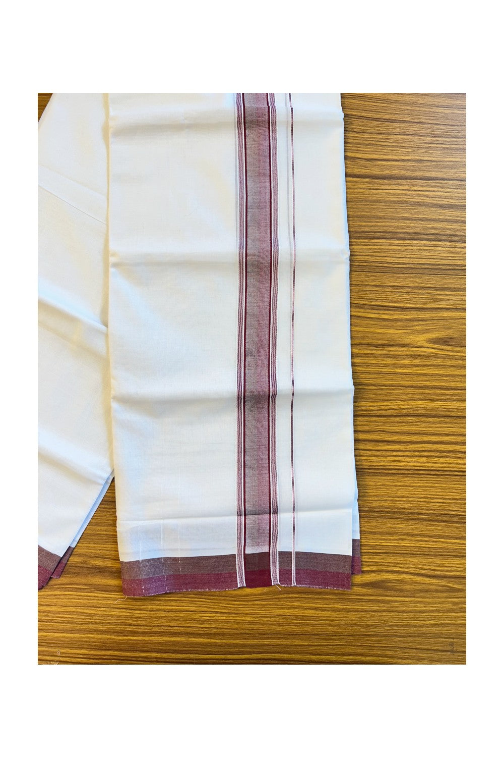 21% DISCOUNT!! Kaitharikada Balaramapuram 100% Cotton Ultra WHITE Double Mundu/Dothi-100x80   2.25 Inch MAROON Striped Cotton Kara -59KK73VAS