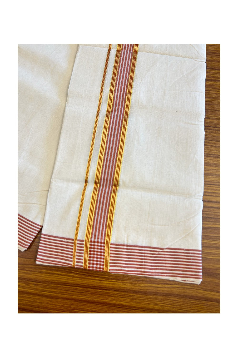 21% Discount KaithariKada HANDLOOM Unakkupaav Balaramapuram - 100% PURE Cotton Off White (Unbleached) Double Mundu/Dhoti - 2.25 inch Kasavu & Brick Red Stripes-220