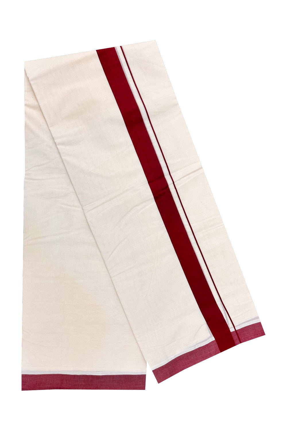 10% DISCOUNT ! KaithariKada Balaramapuram 100% Cotton Double Off white - (Unbleached) Mundu/Dhoti-100X100-  MAROON  1.75 inch Kara.- 6.